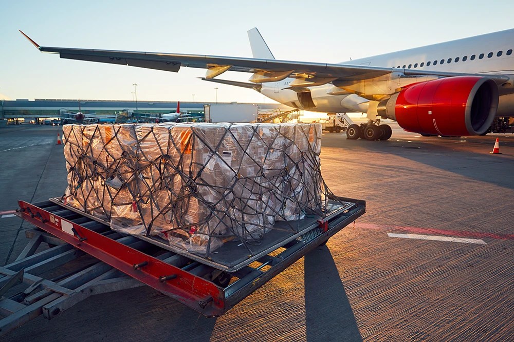 Cargo aircraft on tarmac. Pallet ready to be loaded.